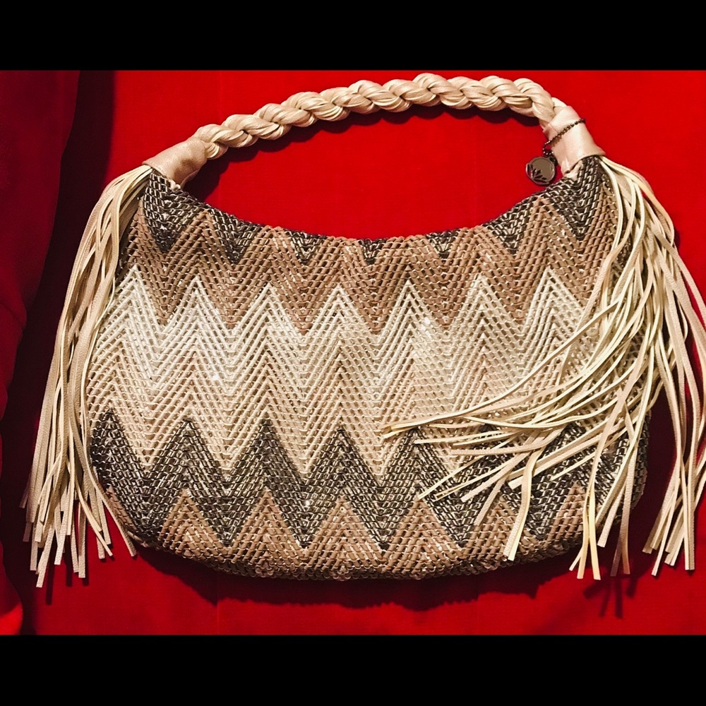 Big Buddha Metallic Woven Handbag With Tassels